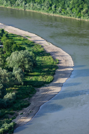 River bank with trees top view. Sandy beach near the waterの写真素材