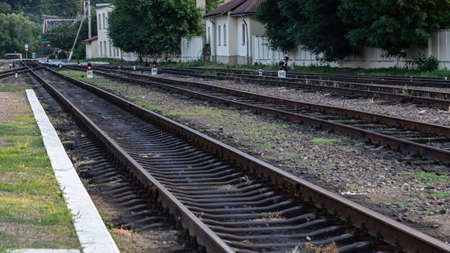 Railway tracks in front of the train stationの写真素材