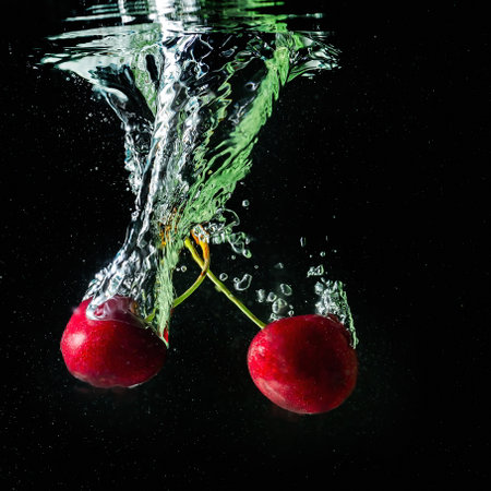 ripe cherries fall into the water raising splashes and air bubblesの写真素材