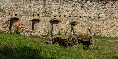 old wood hay-wagon coach wheel in grass.の写真素材