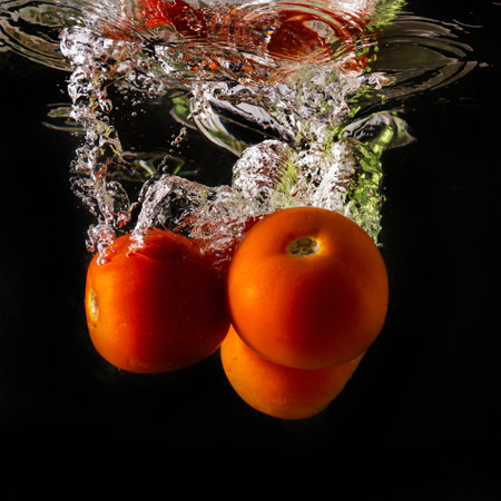 Ripe tomato falls deeply under water with a big splash.の写真素材