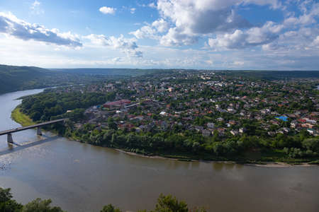 Panorama of Zalishchyky and the Dniester River from the high bank. Ukraine.の写真素材