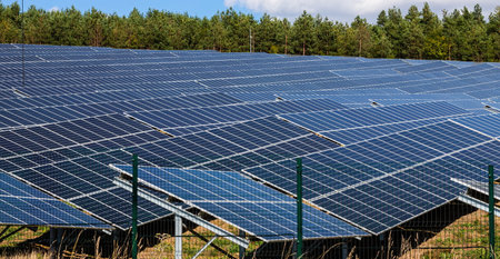 solar panels with the sunny sky. Blue solar panels. background of photovoltaic modules for renewable...