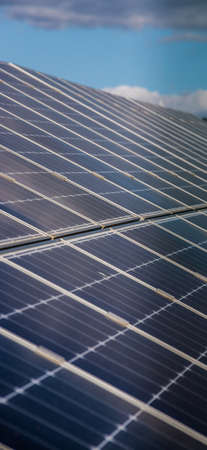 solar panels with the sunny sky. Blue solar panels. background of photovoltaic modules for renewable...