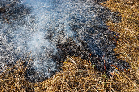 Close-up background of fire is rising from burning straw to black ash and smoke.の写真素材