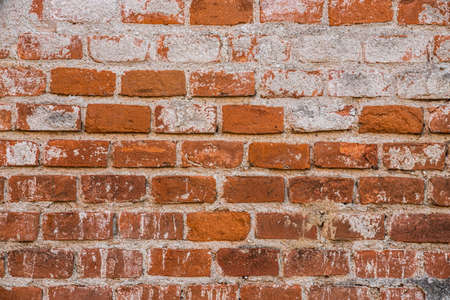 Background of old vintage dirty brick wall with peeling plaster, texture.