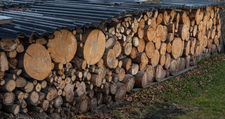 Pile of stacked triangle firewood prepared for fireplace and boiler.