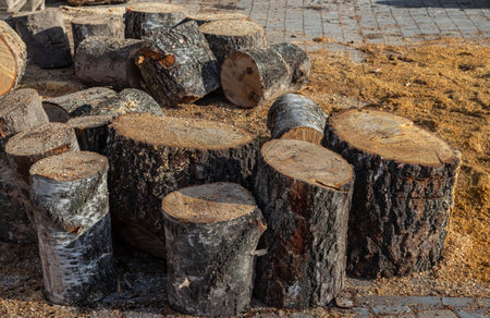 Pile of stacked triangle firewood prepared for fireplace and boiler.の写真素材