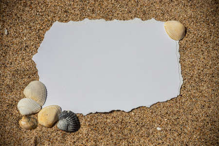 Blank white sheet of paper on white sand with seashells and stones. Message by the sea, romance,...