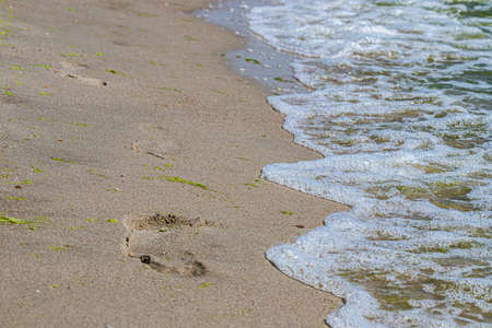 Footprints of a man on the yellow beach sand from walking barefoot by the sea with water that washes away the footprints. Contemplation of lifeの写真素材