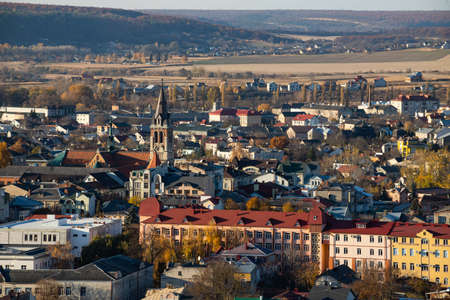European little city view, cityscape. View on little old colorful buildings in historic center of Chortkiv city, Ukraine. Exploring Europe.の写真素材