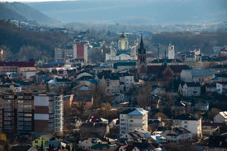 European little city view, cityscape. View on little old colorful buildings in historic center of Chortkiv city, Ukraine. Exploring Europe.の写真素材