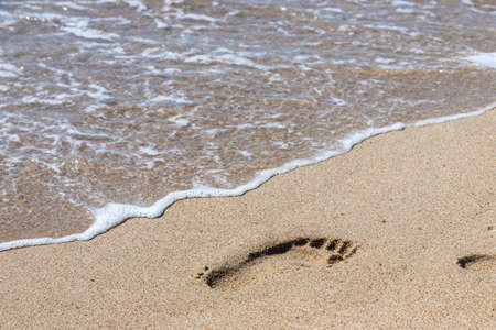 Footprints of a man on the yellow beach sand from walking barefoot by the sea with water that washes away the footprints. Contemplation of lifeの写真素材