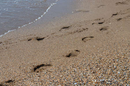 Footprints of a man on the yellow beach sand from walking barefoot by the sea with water that washes away the footprints. Contemplation of lifeの写真素材