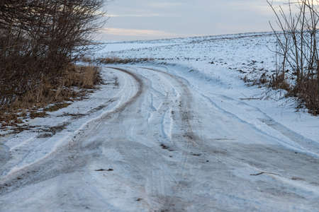 Snowy road in a field leading to pine forest. Winter road to nowhere in sunny day, snow-covered fresh car track. Car traces in a deep snow of remote rural area.の写真素材