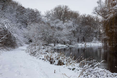 Winter snow park river landscape. Winter park river.