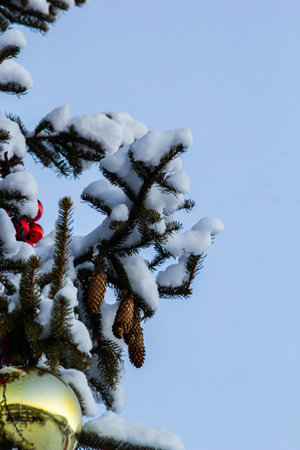 A fragment of an artificial Christmas tree installed on the square, decorated with festive balls and...