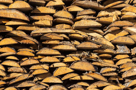 Wooden firewood lies flat on top of each other. Background from wooden firewood and logs.の写真素材