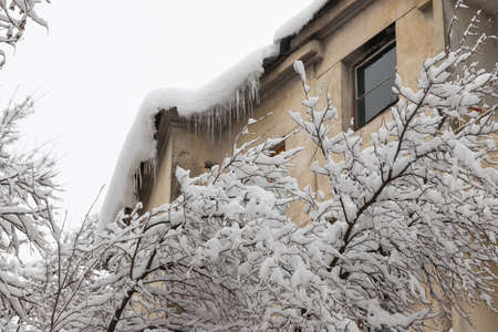 Facade of a residential building in the suburbs during a snowfall. The wall of the house and the balcony are covered with snow. Tree branches covered with snow on a cold winter day.の写真素材