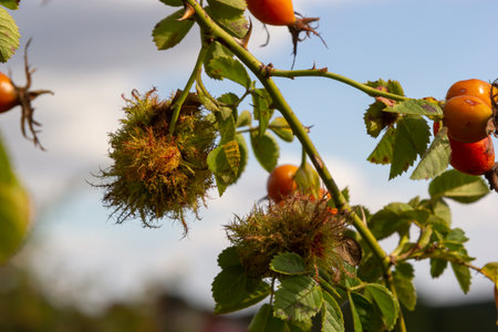 Rose bedeguar gall, Robin's pincushion gall, moss galls Diplolepis rosae on rose.の写真素材