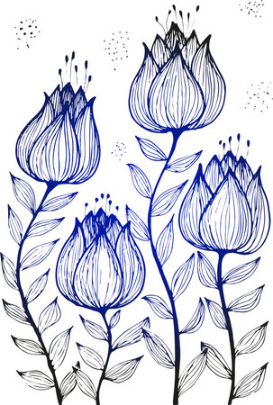 Ink, pencil, black and white flower sketch.Transparent background. hand drawn nature painting. freehand sketching illustration.のイラスト素材