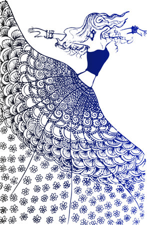 sketch of a woman in a dress ballet pose dancer gymnast line art continuous art icon girl isolated on white.のイラスト素材