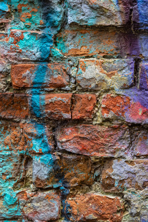 Brick wall with multi-colored paint close-up. background brick creative.の写真素材