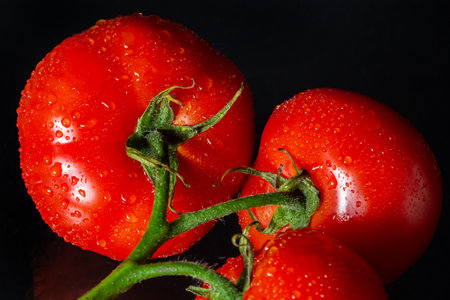 photo tomatoes with drops of water on a black background.の写真素材