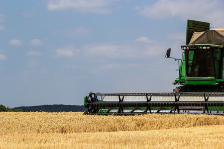 Photo of combine harvester that is harvesting wheat with dust straw in the air.の写真素材