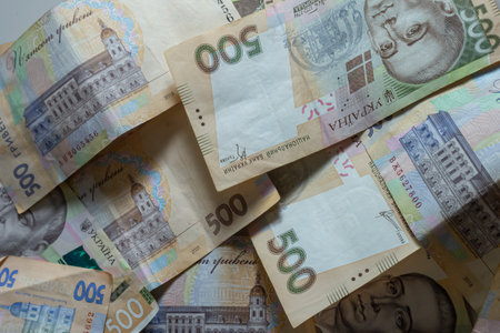 Money of Ukraine. Background of Ukrainian hryvnia banknotes. Hryvnia 500, 200. Uah. Money saving...