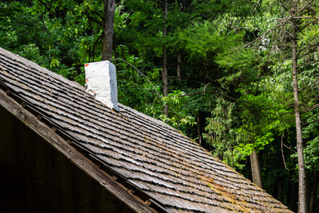 Traditional wooden roof tiles in ukrainian Carpathians region. Old roof covered with wooden tiles.の写真素材