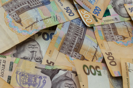 Money of Ukraine. Background of Ukrainian hryvnia banknotes. Hryvnia 500, 200. Uah. Money saving concept.の写真素材