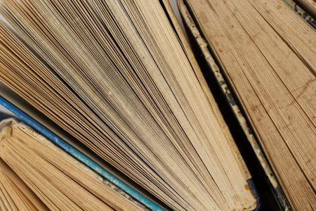 book background. Old books in the library. bookshelf shop. Knowledge publications, literature. Bookish bookstore, bookshop. Flat lay top view. book crossing.の写真素材