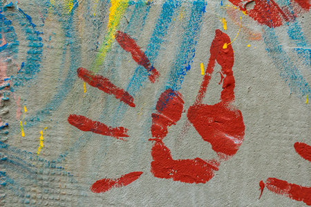 White plastered wall splattered with red paint. Paint splashes on the wall. Painted poster wall. Abstract background. Painted plaster texture.の写真素材