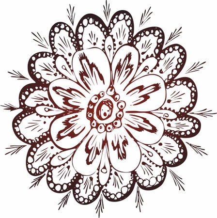 Black and white circle flower ornament, ornamental round lace design. Floral mandala. Hand drawn ink pattern made by trace from personal sketch.のイラスト素材