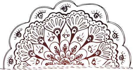 Black and white circle flower ornament, ornamental round lace design. Floral mandala. Hand drawn ink pattern made by trace from personal sketch.のイラスト素材