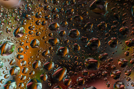abstract background fall, glass drops autumn yellow leaves wet October weather.