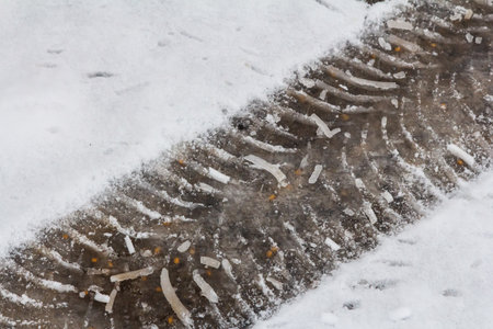 Fresh tire tracks laid down in soft snow illustrate the contrast between the smooth snow surface and the disturbed ground beneath the cold winter day.の写真素材