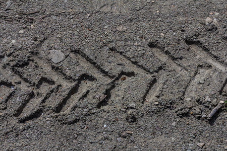 Tire tracks form a distinctive pattern on a gravel surface showing various textures and stones embedded within the ground under bright daylight.の写真素材