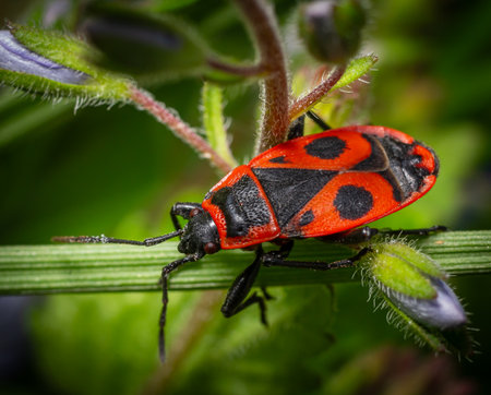 A vibrant firebug Pyrrhocoris apterus rests on a green plant stem in its natural habitat. Sunlight...
