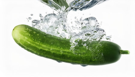 A cucumber is submerged in water, creating a dynamic splash effect and highlighting its freshness against a white background.の素材