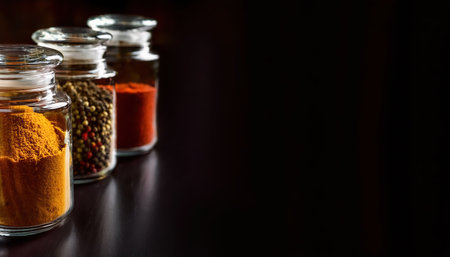 Vivid spices including turmeric and paprika displayed in glass jars, enhancing the visual appeal with their bright hues against a dark background.の素材