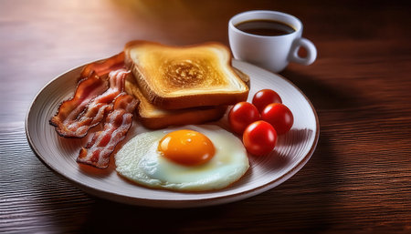 A delicious breakfast spread includes crispy bacon, a sunny-side-up egg, toast, vibrant cherry tomatoes, and a cup of steaming coffee.の素材