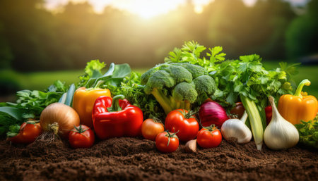 Brightly colored vegetables like peppers and tomatoes are gathered on rich soil in Bagatyi, showcasing a bountiful summer harvest.の素材