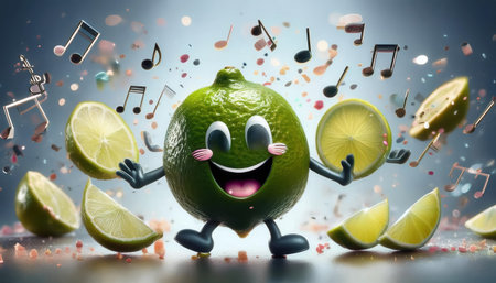 A lively lime mascot dances joyfully, surrounded by vibrant music notes, as everything around it appears to melt, creating a whimsical and colorful atmosphere.の素材