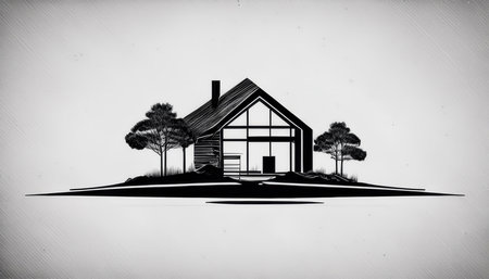 Logo design showcases a minimalist house surrounded by trees, symbolizing a construction company dedicated to creating quality homes in urban and suburban areas.の素材