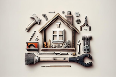 A simple and creative logo represents a construction company, showcasing a house surrounded by essential work tools for building and renovation projects.の素材