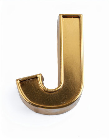 Shiny gold bar shaped letter J stands prominently on a pristine white surface, ideal for decorative and branding purposes.の素材