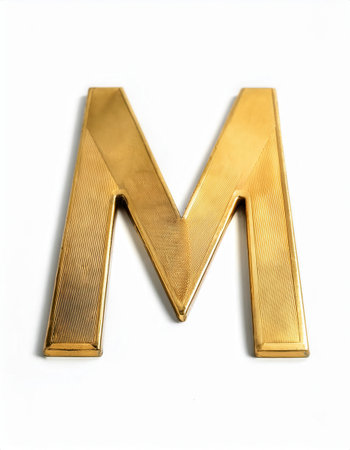 A shiny gold bar crafted in the form of the letter M rests on a clean, white background, showing its bright and reflective surface.の素材