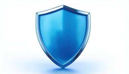 A high-detail shield icon featuring a glossy light blue surface and smooth edges, embodying a contemporary design aesthetic.の素材